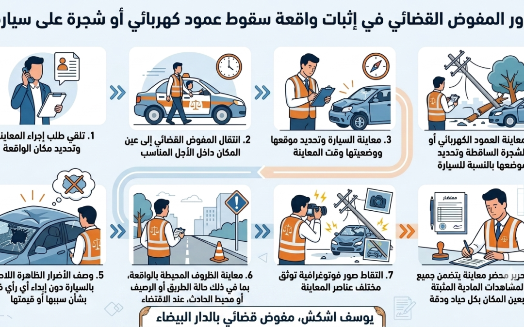 دور المفوض القضائي في إثبات واقعة سقوط عمود كهربائي أو شجرة على سيارة.